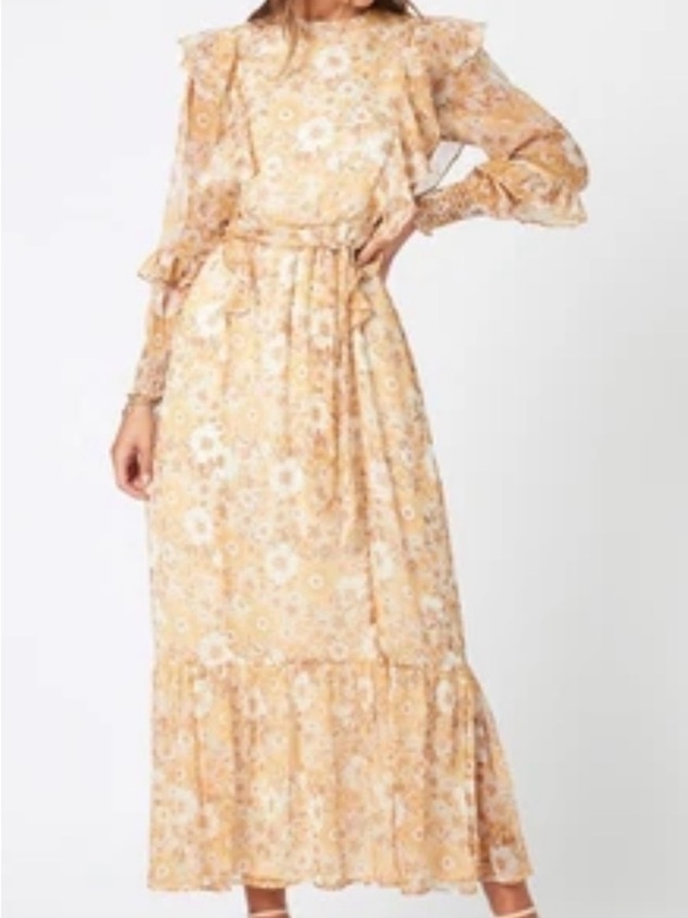 MINKPINK Ruffle Midi Dress in Yellow and White